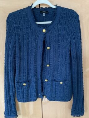 T Tahari Fringe Cable Knit Cardigan with Gold Buttons